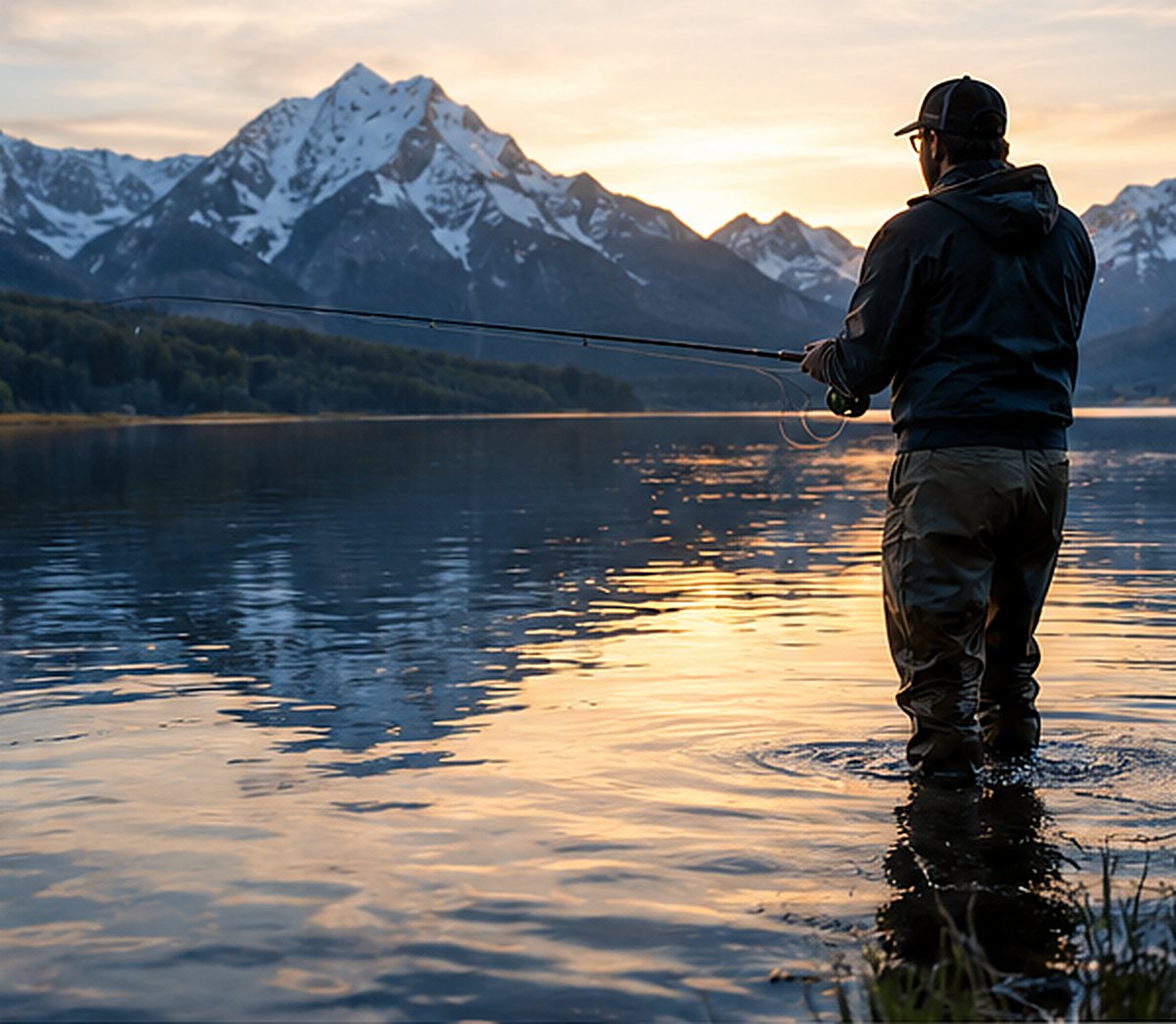 A fly fisherman standing in a calm mountain lake at sunrise beneath snow-capped Utah peaks